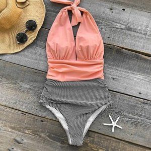 HOLIPICK PEACH/ STRIPED ONE PIECE SWIMSUIT